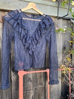 Zara Sheer Navy Lace Ruffle Blouse